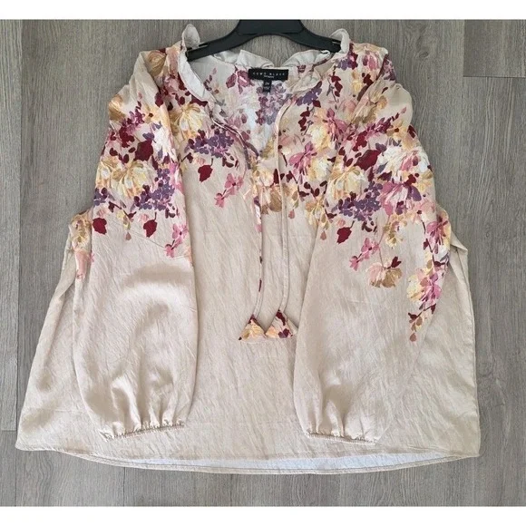 Como Black Woman 2X Floral Tie Neck Blouse Long Sleeve Rayon Beige - Picture 2 of 12